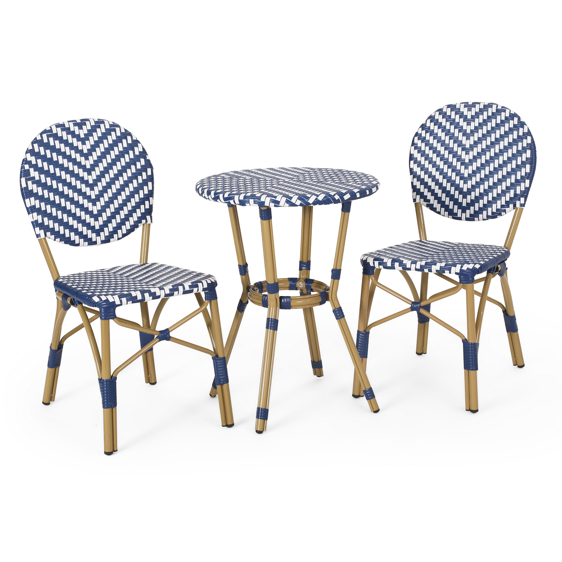 3 piece outdoor French bistro set with navy blue and white PE rattan chairs and round table on white background
