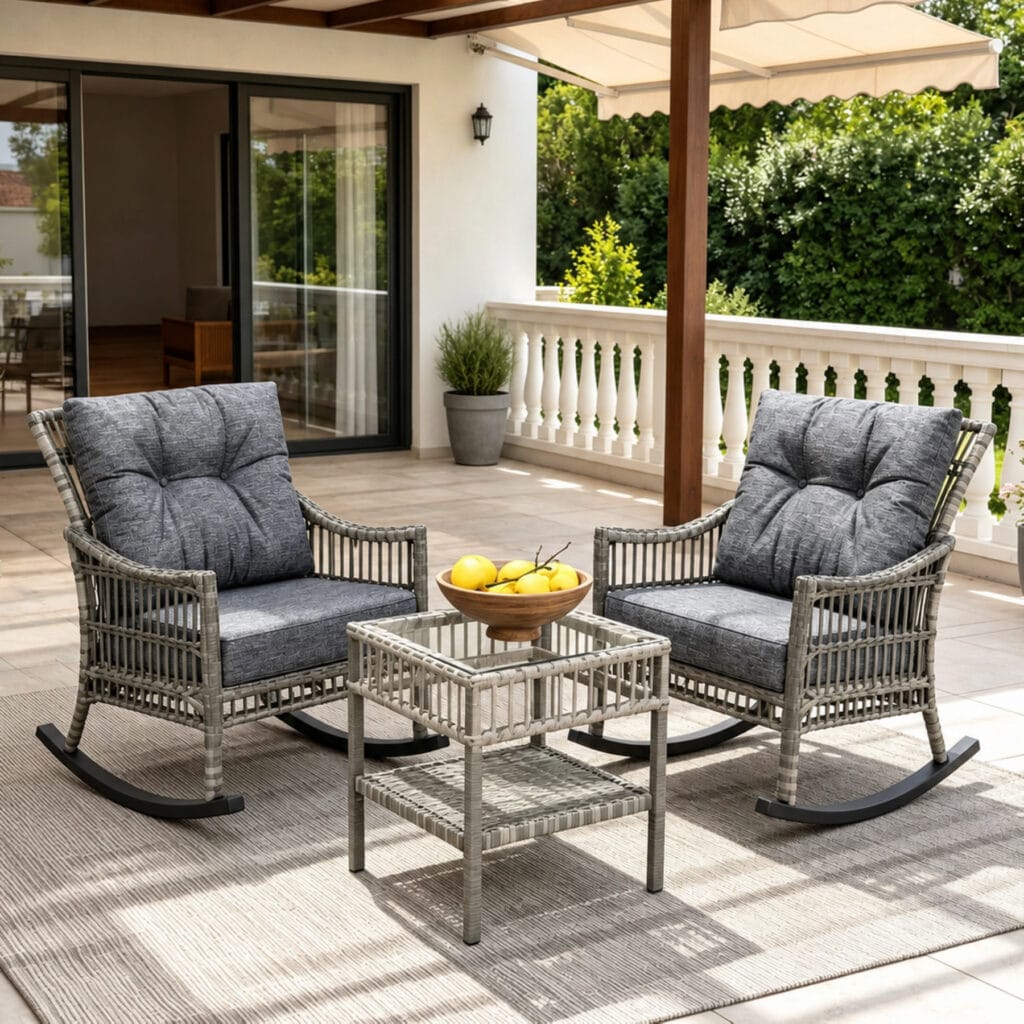 3 piece outdoor wicker rocking chair set with gray cushions and 2 tier glass coffee table on patio