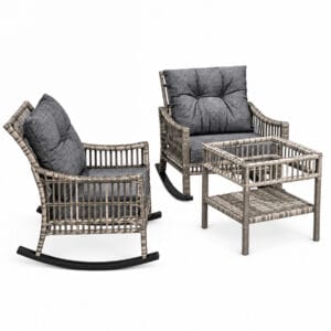 3-piece-outdoor-wicker-rocking-chair-set-white-background 3 piece outdoor wicker rocking chair set with gray cushions and 2 tier coffee table on white background