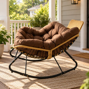Brown oversized papasan rocking chair with thick cushion and rattan headrest on a covered porch