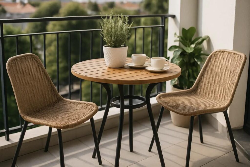 Two woven outdoor chairs and a round bistro table on a compact balcony.