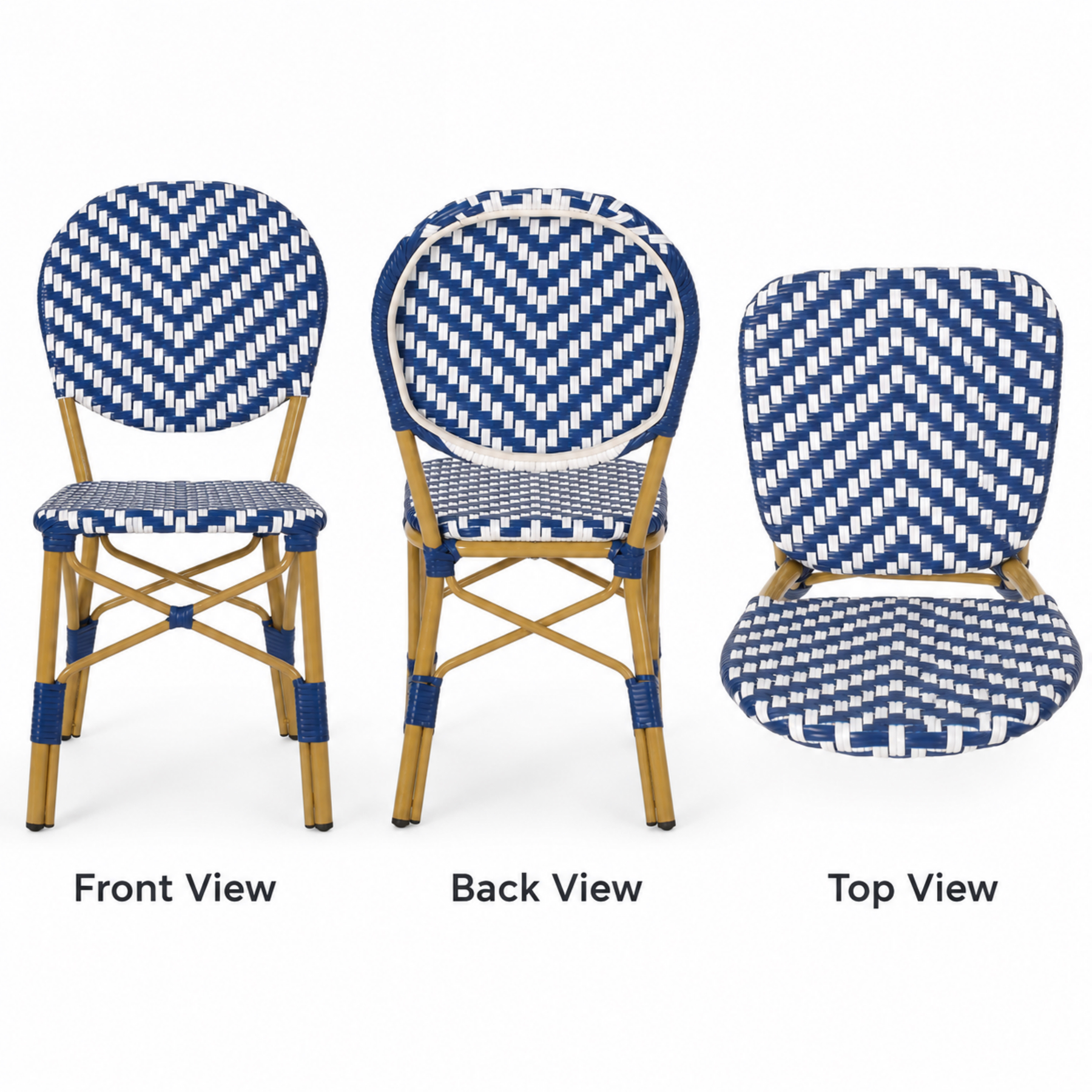 French bistro chair front back and top views showing navy blue and white PE rattan weave with bamboo-finish frame