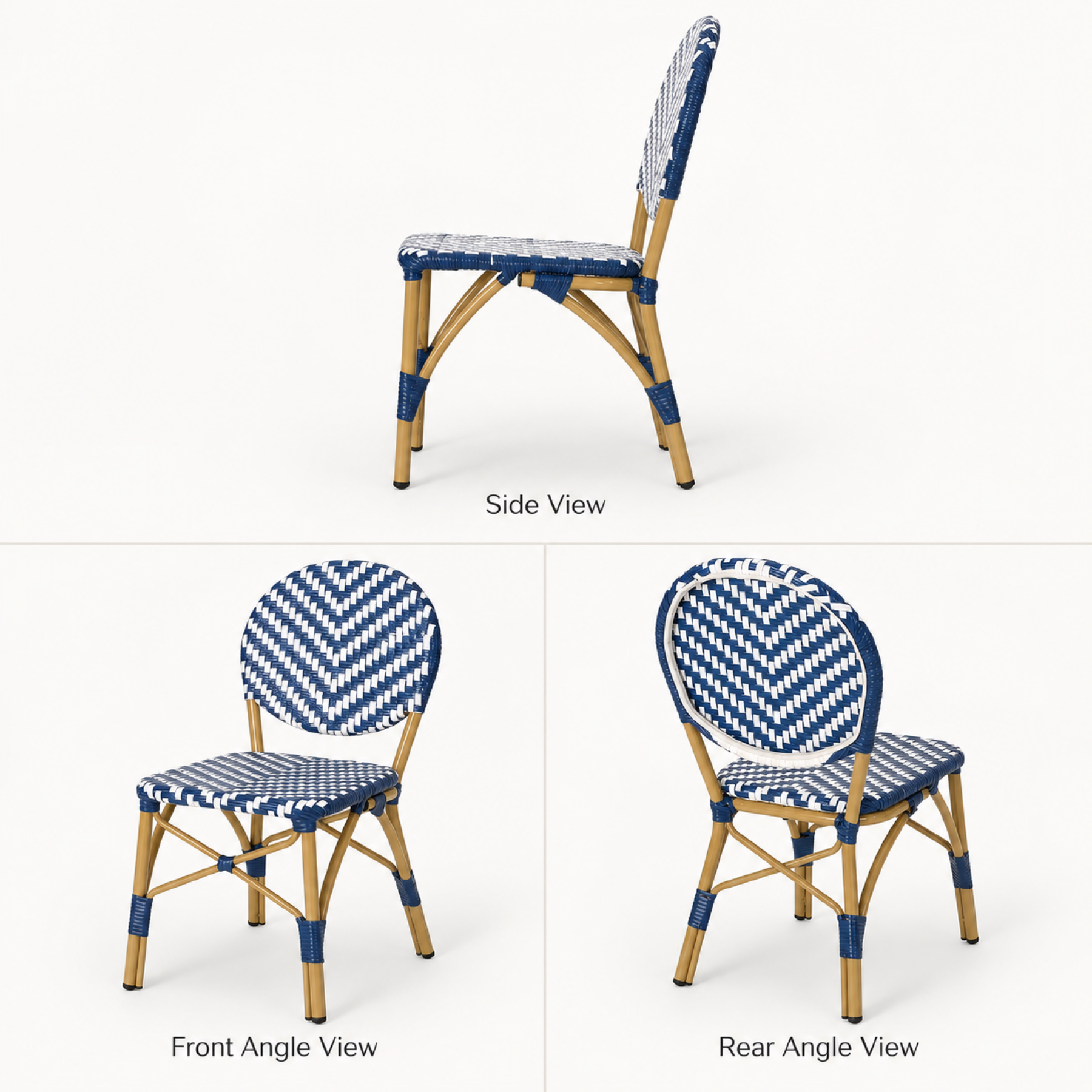 French bistro chair side front angle and rear angle views showing navy blue and white PE rattan weave