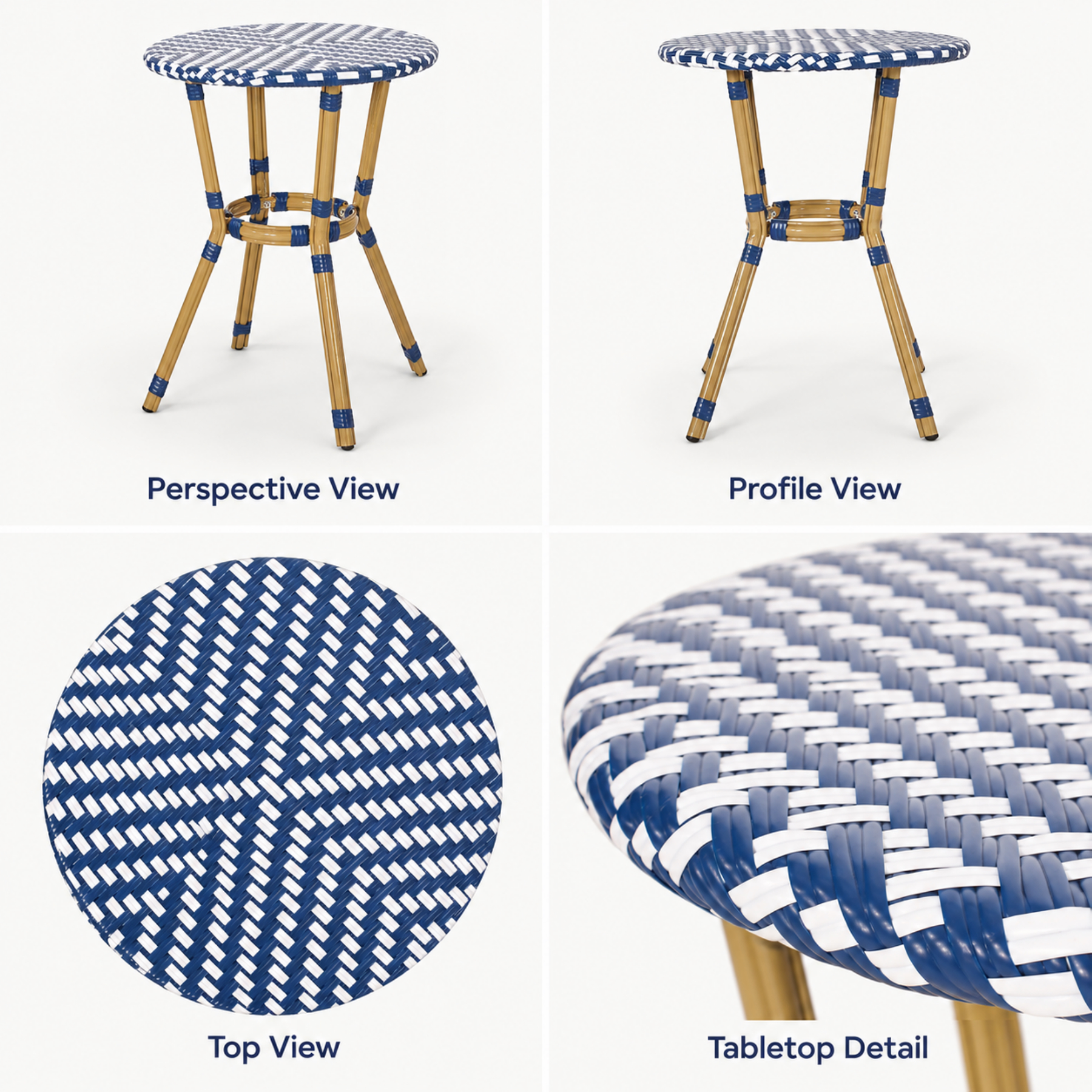 Round French bistro table shown from perspective profile top and close-up views with navy blue and white PE rattan weave