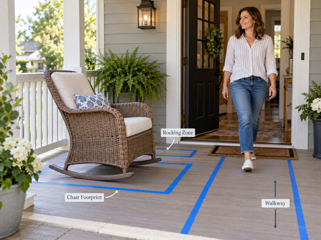 Painter’s tape test on a front porch showing a wicker rocking chair footprint, rocking zone, open front door, and walking path