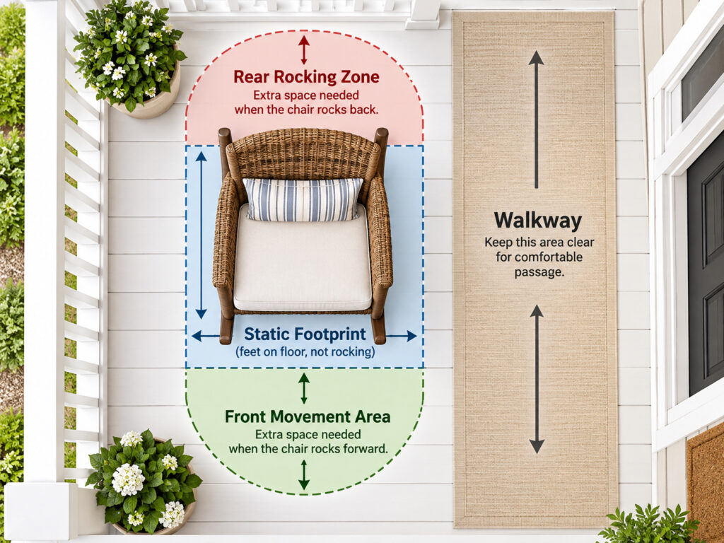 Top-view diagram showing an outdoor rocking chair footprint, rear rocking zone, front movement area, and clear porch walkway