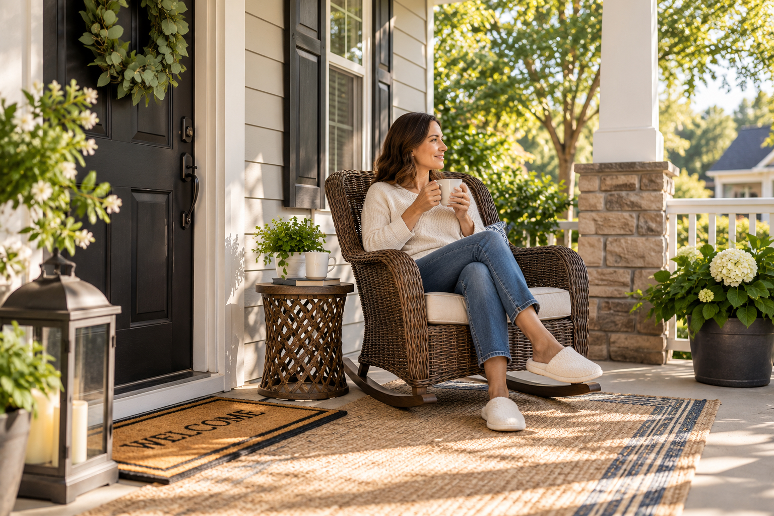 Woman relaxing in an outdoor wicker rocking chair with a side table on a sunny American front porch
