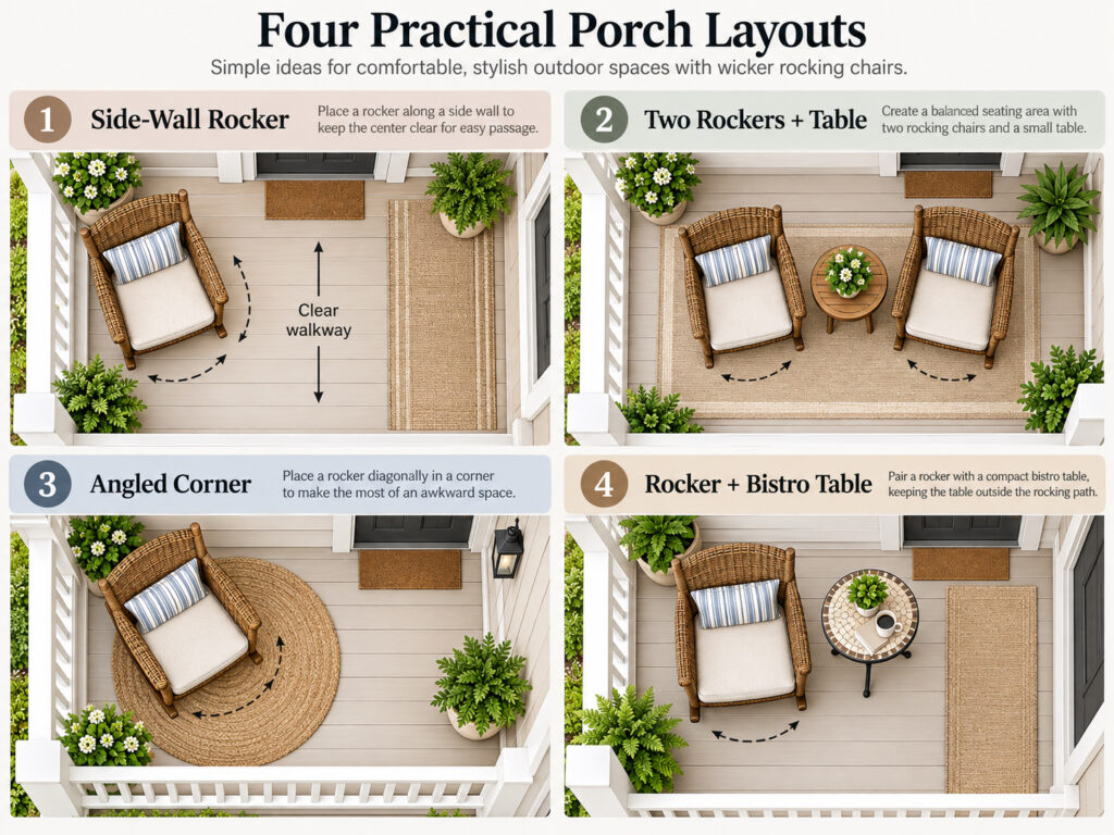 Four front porch layout ideas with outdoor wicker rocking chairs, including side-wall, two-rocker, angled corner and rocker with bistro table setups