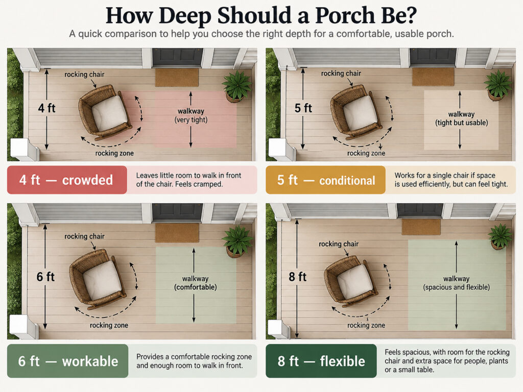 Porch depth comparison showing 4 ft, 5 ft, 6 ft, and 8 ft layouts for an outdoor rocking chair