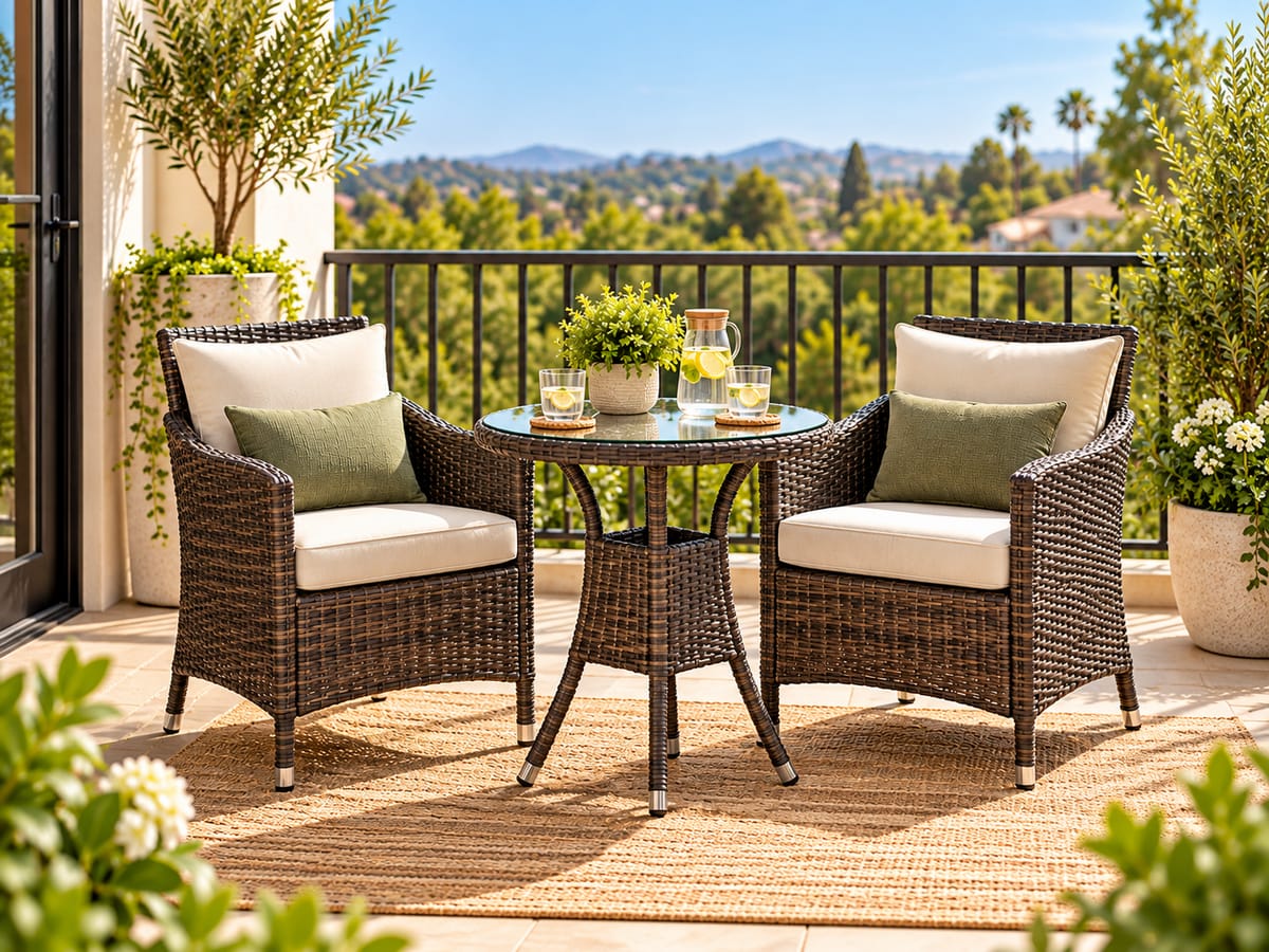 Rattan balcony bistro set with two cushioned chairs and round table