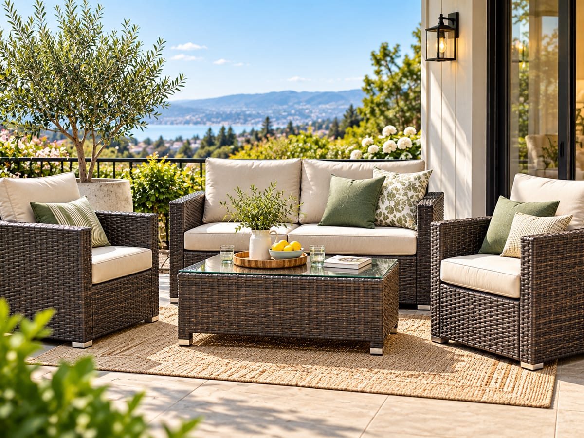 Rattan patio conversation set with loveseat, two chairs, and coffee table