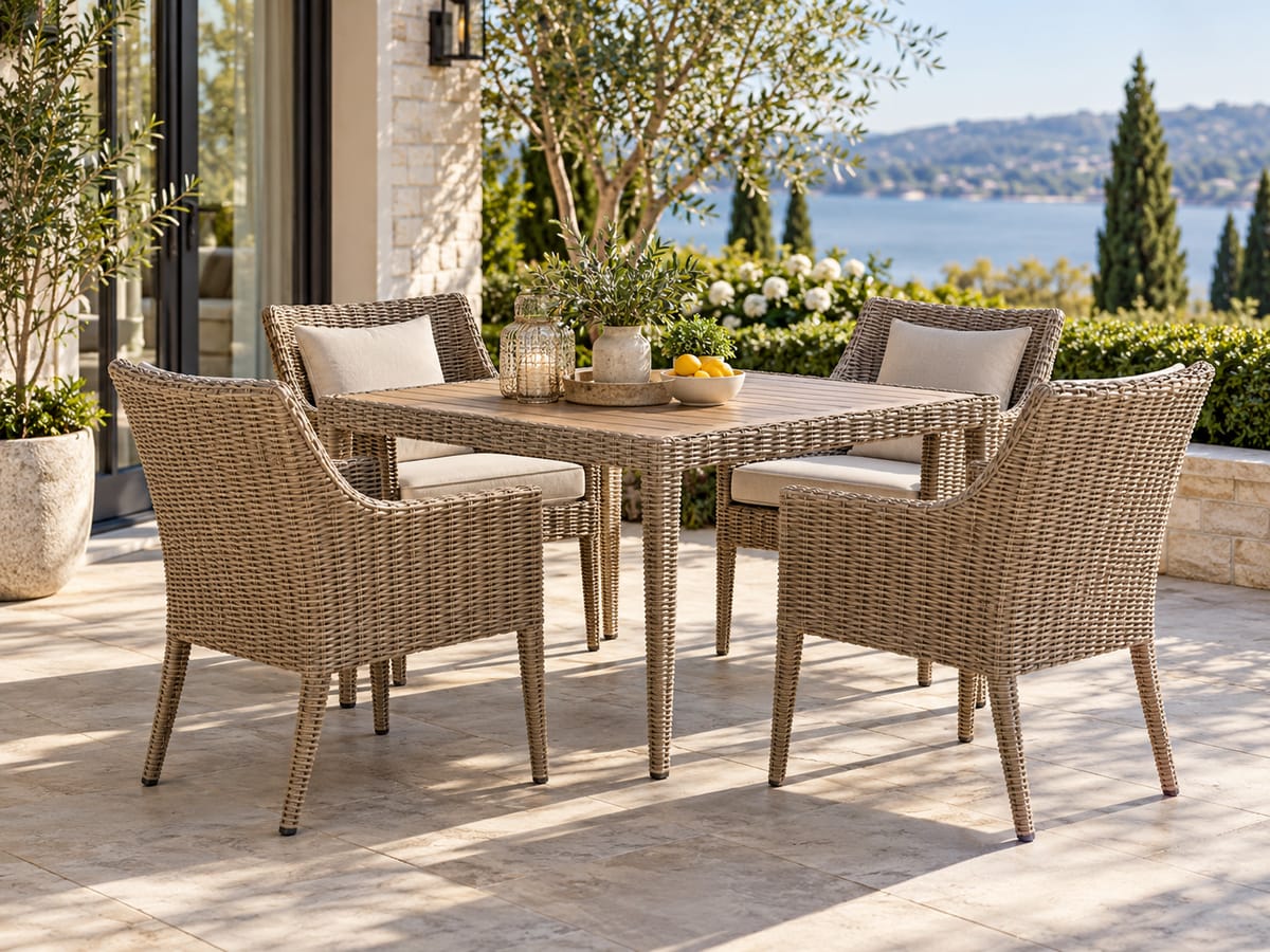 Rattan patio dining set with four cushioned chairs and rectangular table