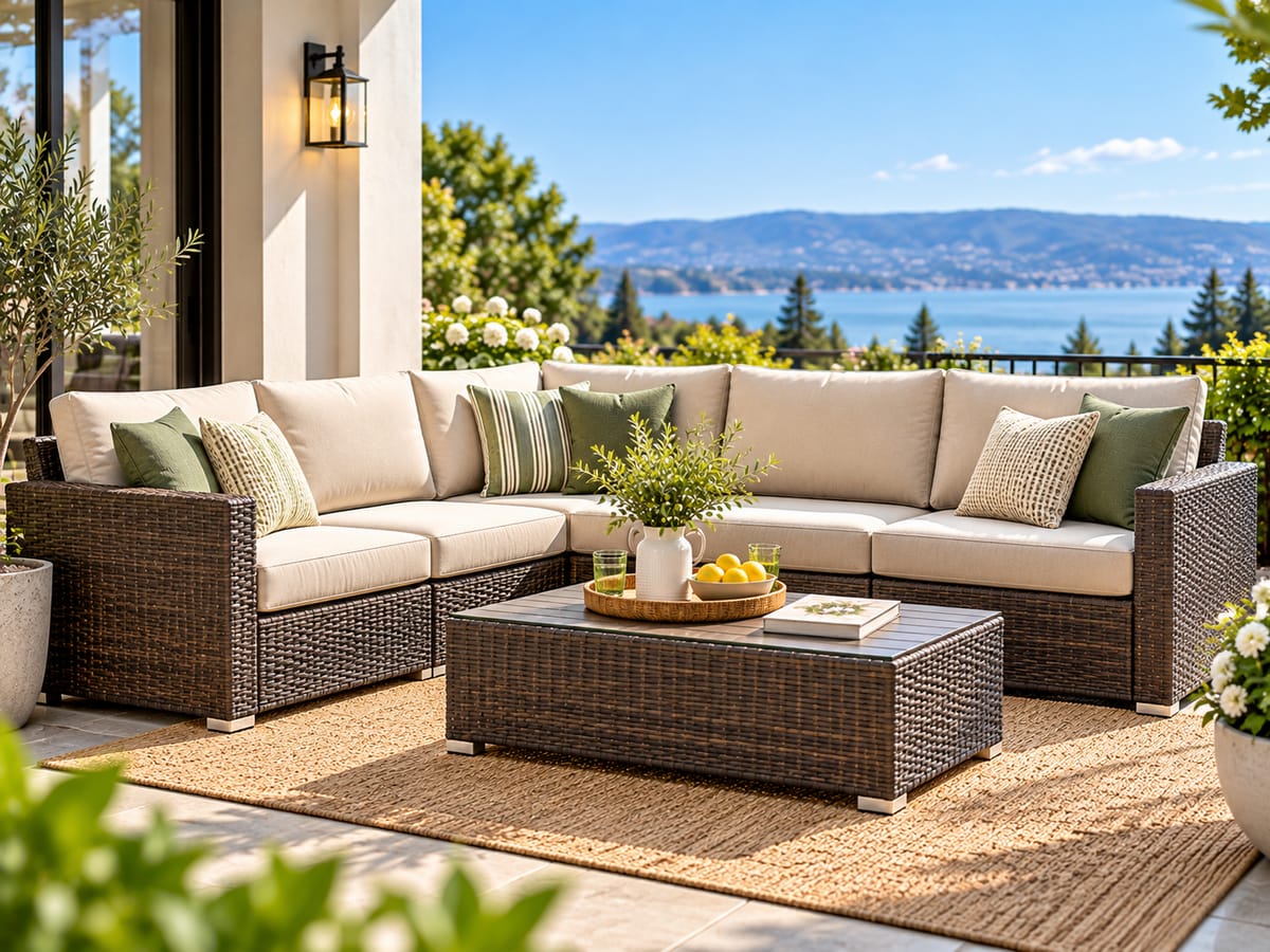 Rattan patio sectional set with L-shaped seating and coffee table